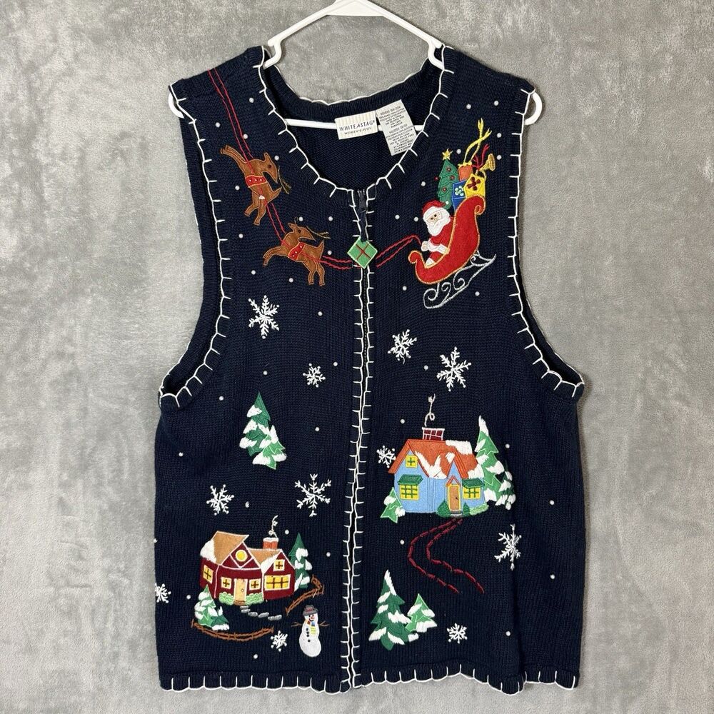 Vtg White Stag Christmas Novelty Sweater Vest 18W 20W Snowman Holiday Zip Winter